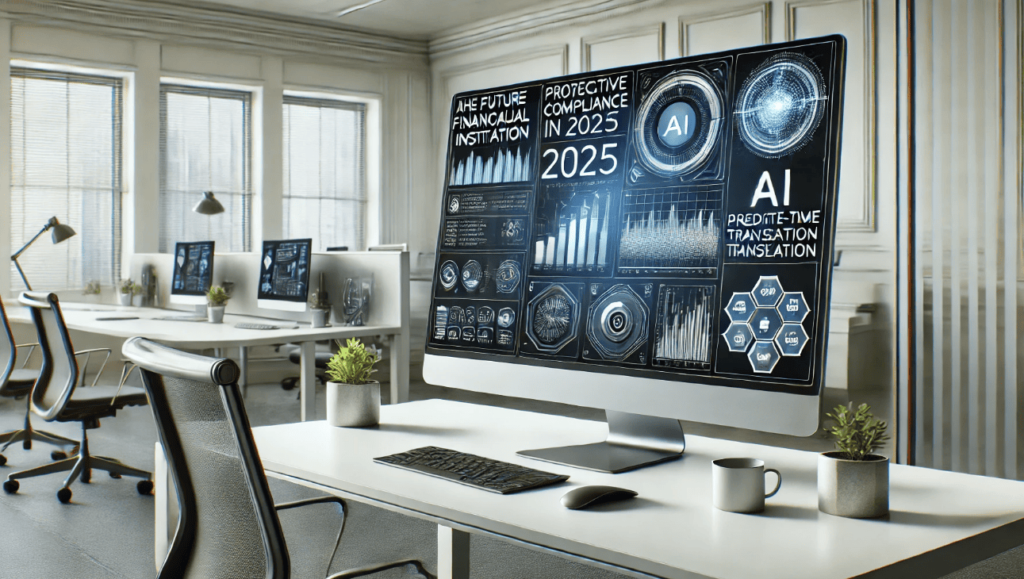 AI-powered compliance tools displayed on a screen in a modern financial institution office, showcasing predictive analytics and real-time monitoring.